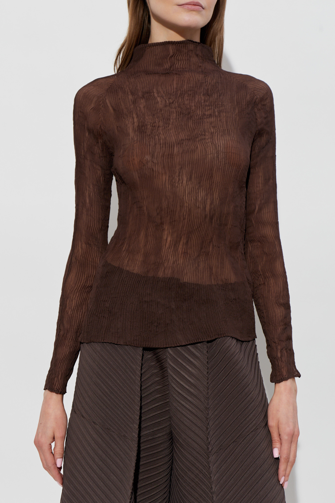 ISSEY MIYAKEme、イッセイミヤケ、ブラウン ハイネック トップス Brown Pleated top Issey Miyake - Vitkac France